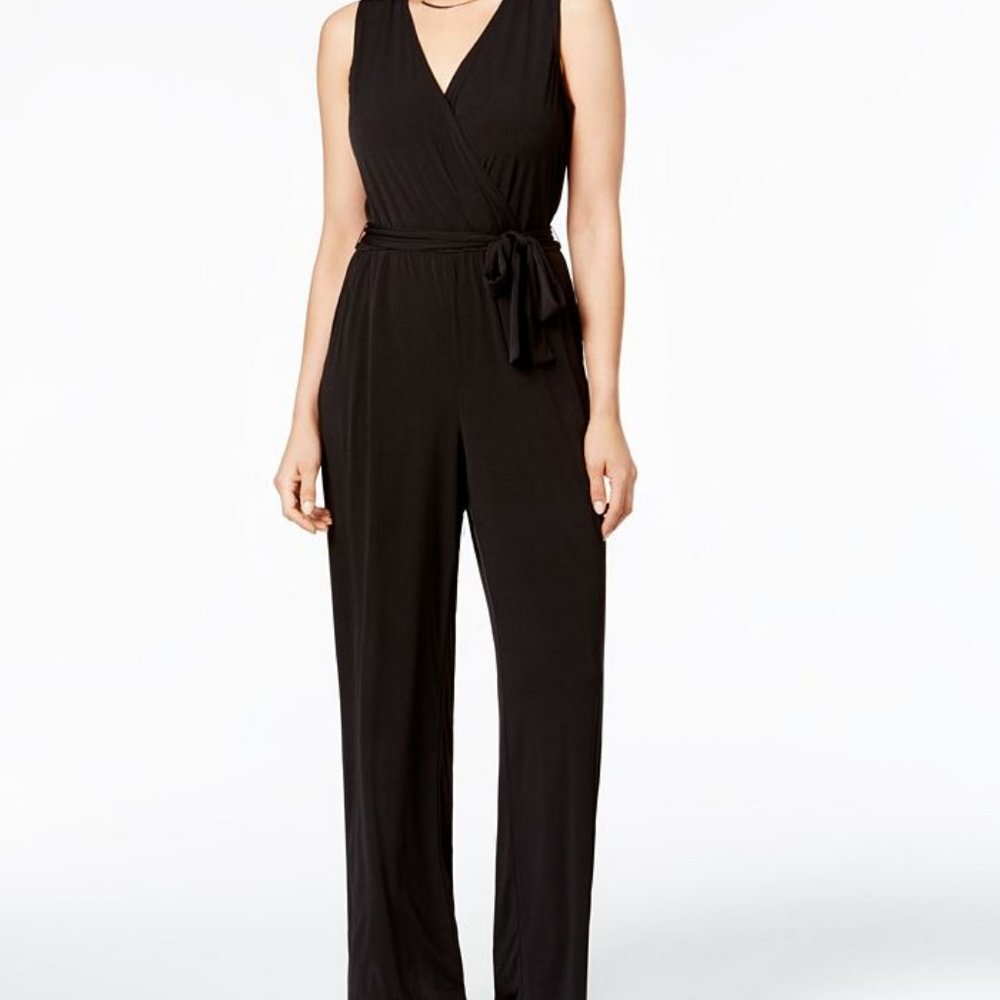 NY Collection women PM black surplice belted wide-leg jumpsuit sleeveless. - Picture 2 of 2